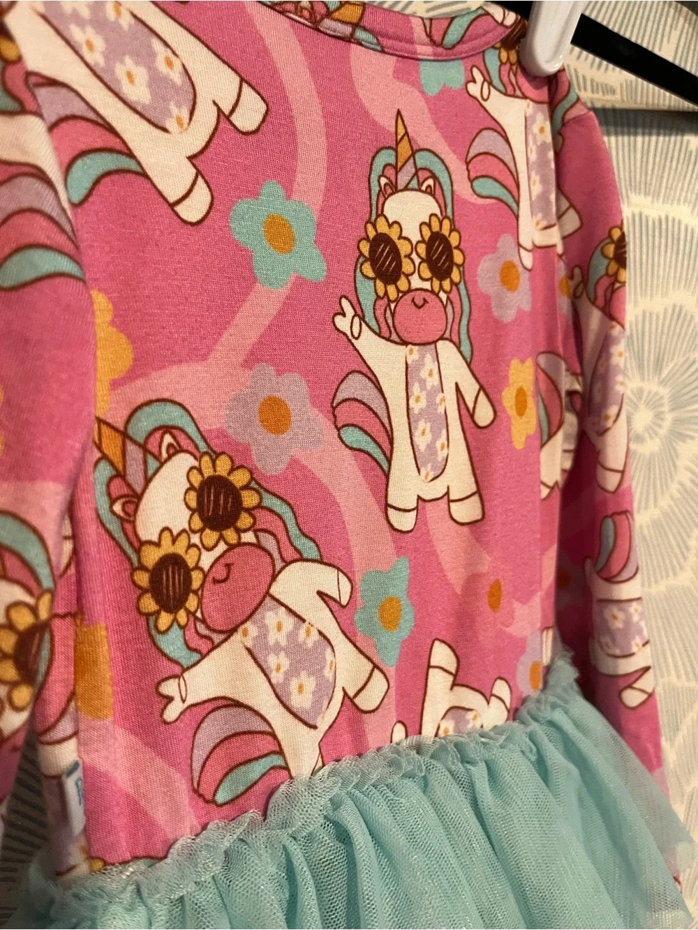 Posh Peanut “groovy unicorn” Print Bodysuit with Light Blue Tulle Skirt